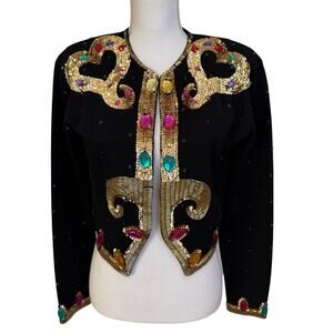 Vintage Outlander Cardigan Womens Size Small Black Beaded Wool Blend Hong Kong